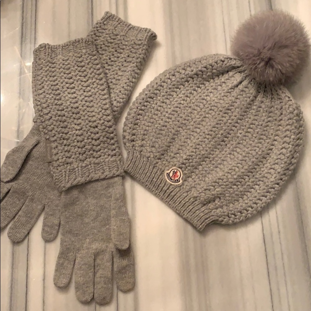 Moncler Grey Cashmere Hat and Glove Set